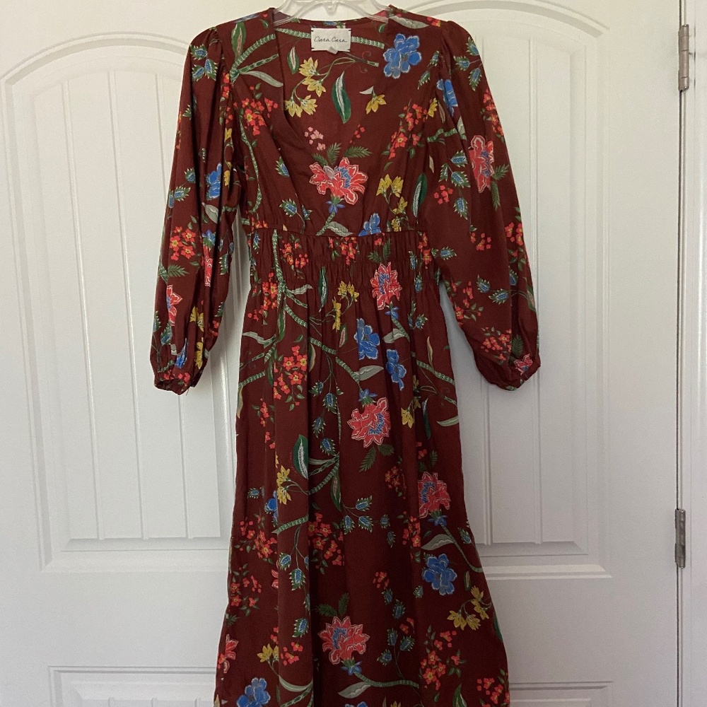 Cara Cara Maxi/Midi, Cotton, 3/4 Sleeves, Reddish Brown Print, V-neck Dress